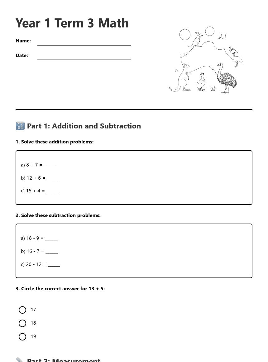 Year 1 Term 3 Math worksheet preview