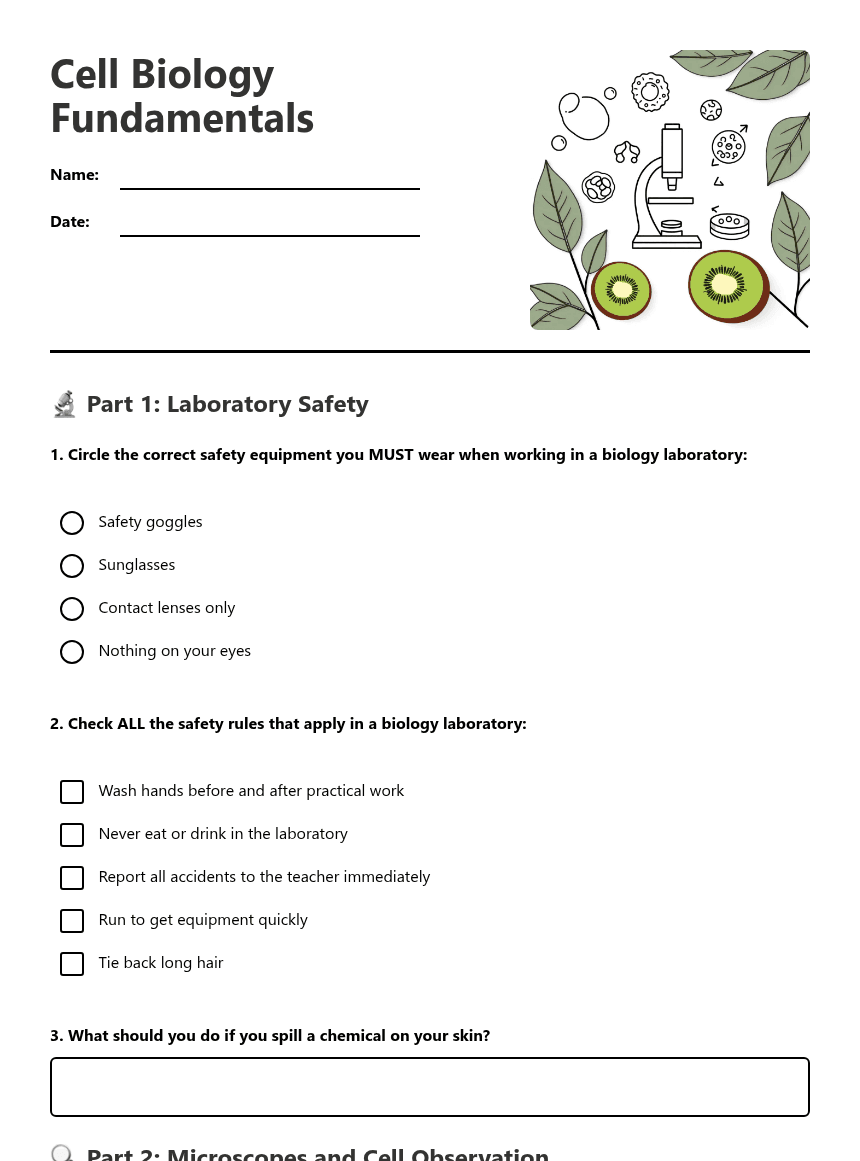 Cell Biology Fundamentals worksheet preview
