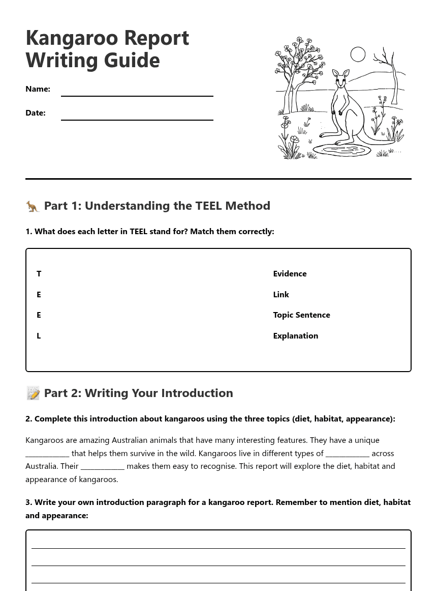 Kangaroo Report Writing Guide worksheet preview
