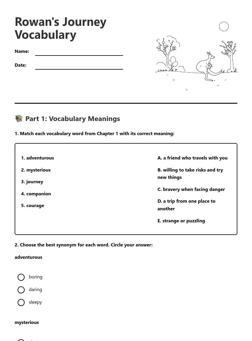 Rowan's Journey Vocabulary worksheet preview