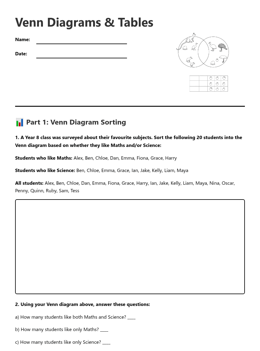 Venn Diagrams & Tables worksheet preview