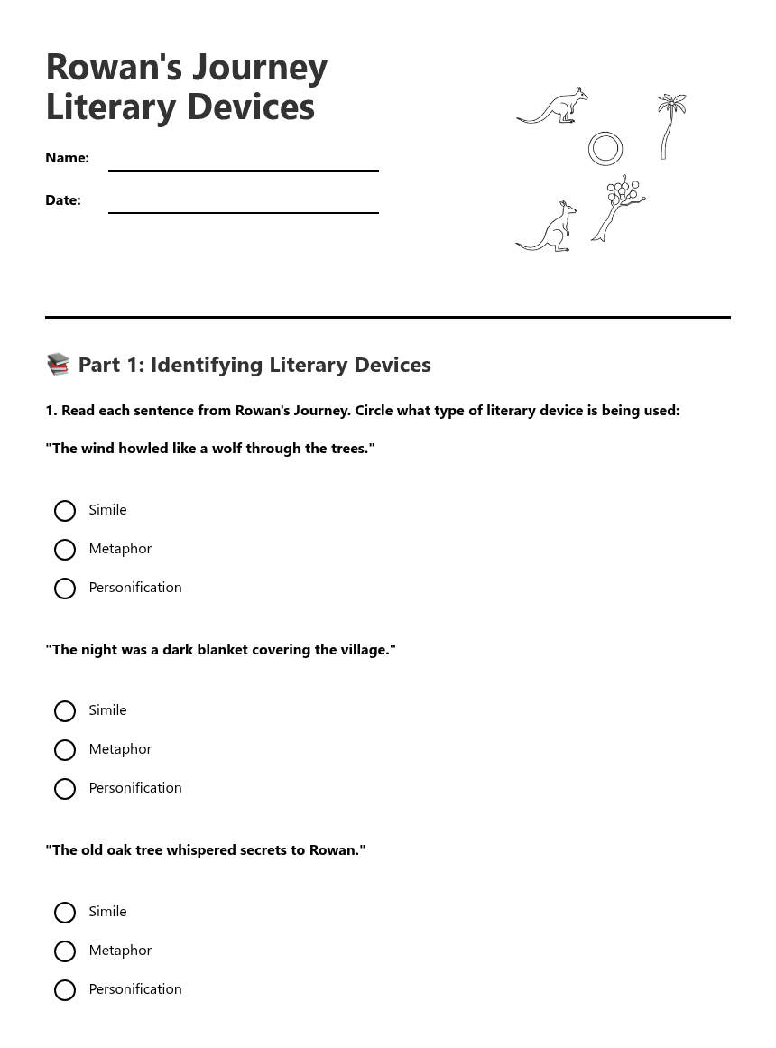 Rowan's Journey Literary Devices worksheet preview