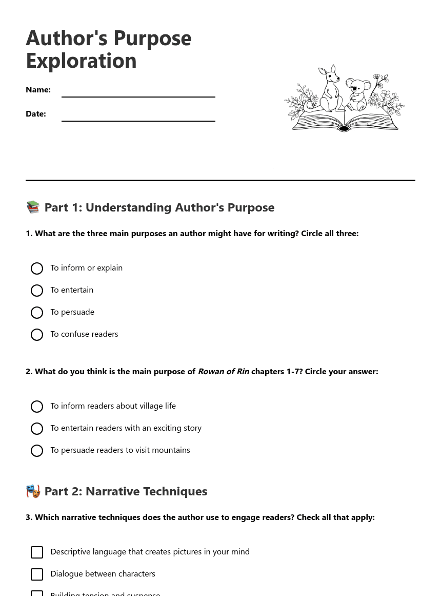 Author's Purpose Exploration worksheet preview