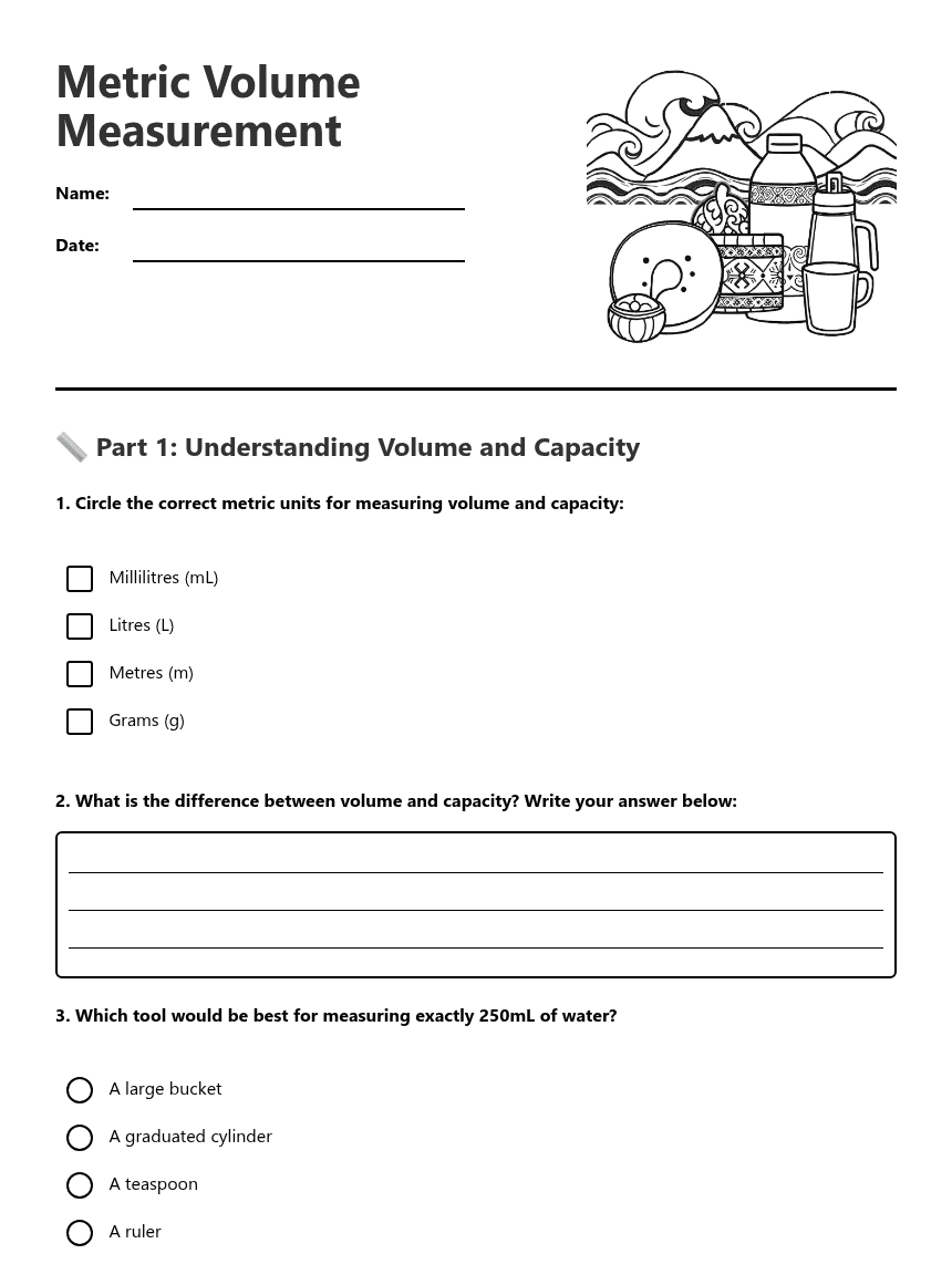 Metric Volume Measurement worksheet preview
