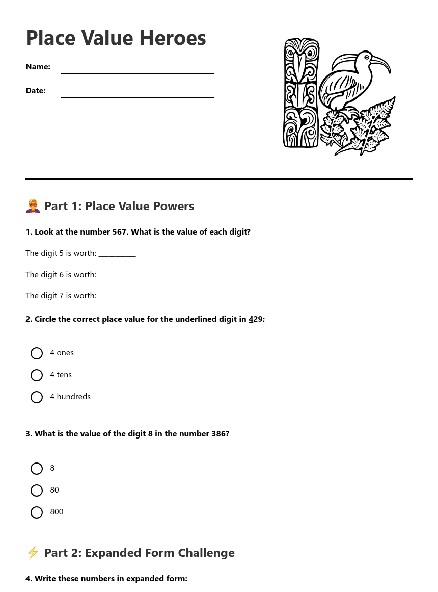 Place Value Heroes worksheet preview