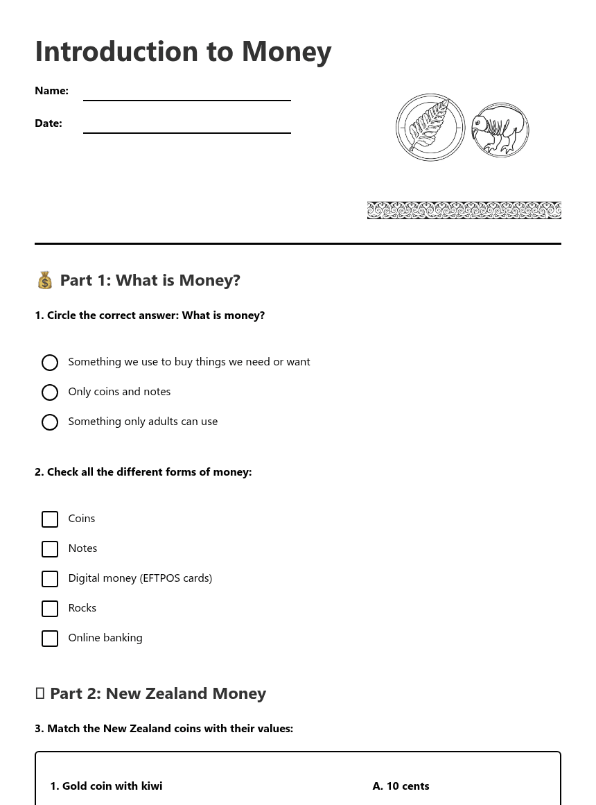 Introduction to Money worksheet preview