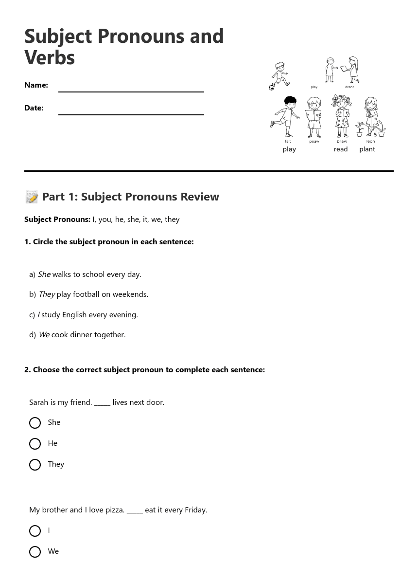 Subject Pronouns and Verbs worksheet preview