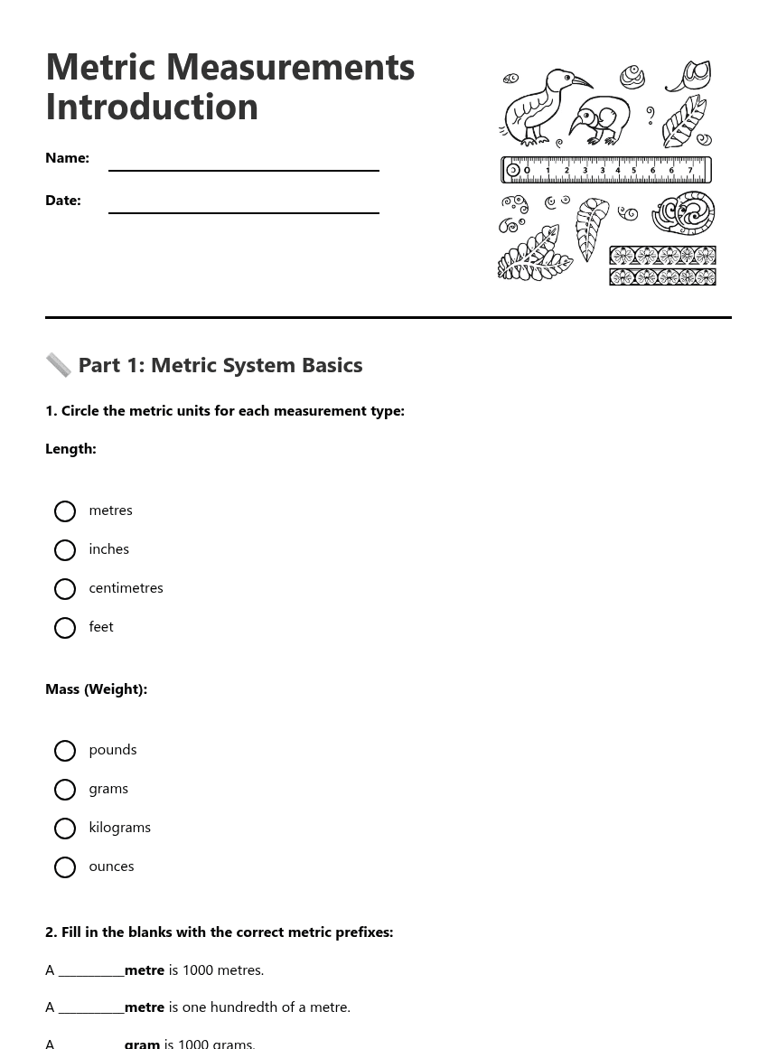 Metric Measurements Introduction worksheet preview