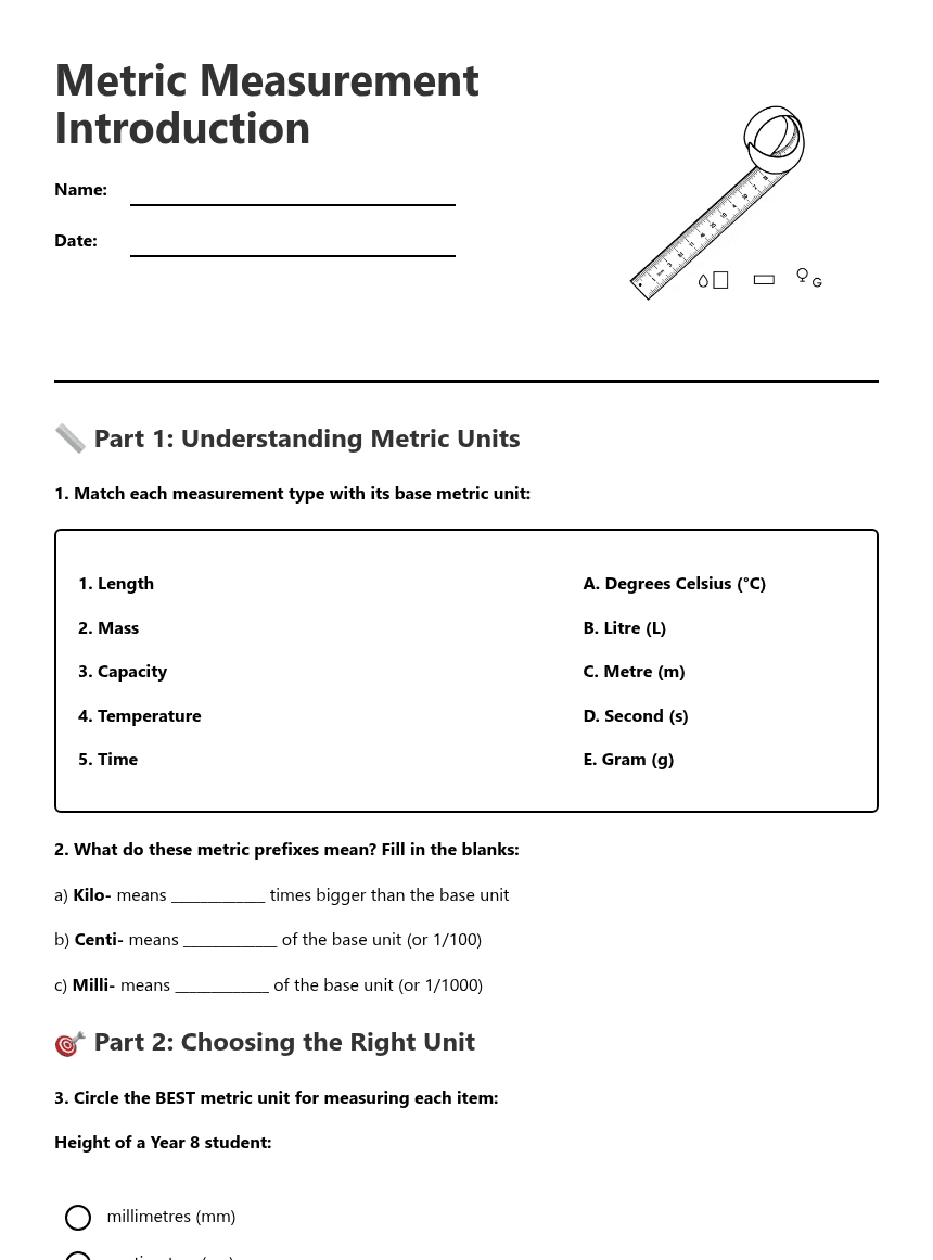 Metric Measurement Introduction worksheet preview