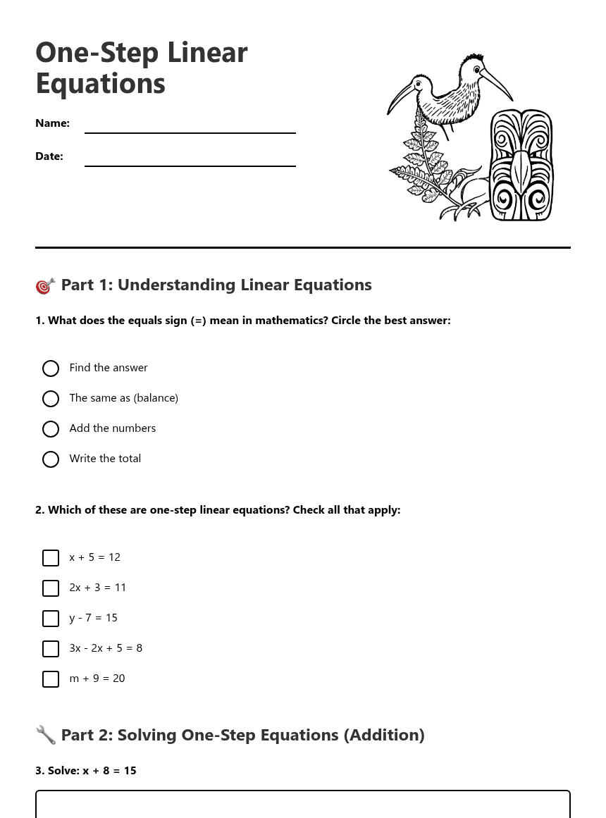 One-Step Linear Equations worksheet preview