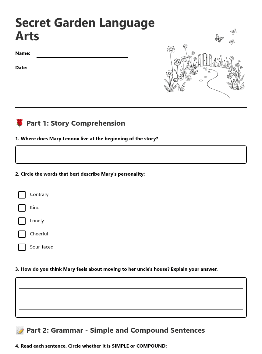 Secret Garden Language Arts worksheet preview