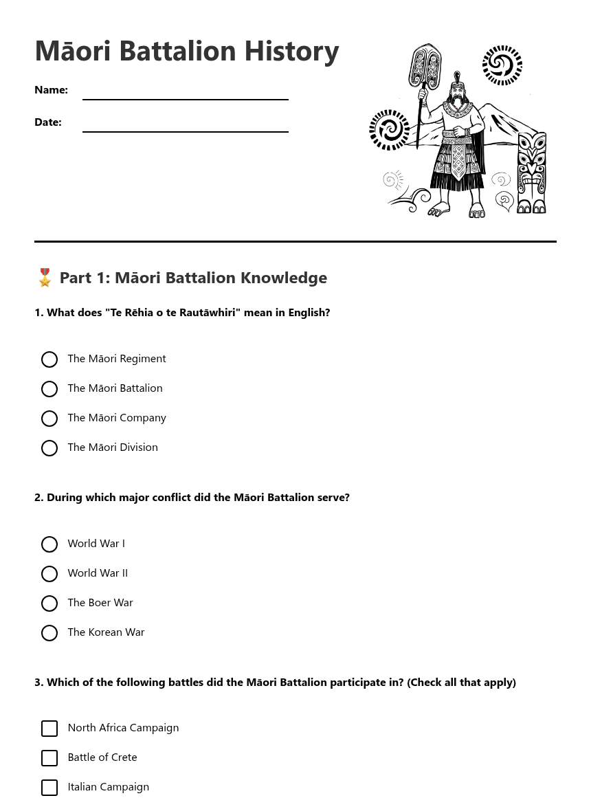 Māori Battalion History worksheet preview