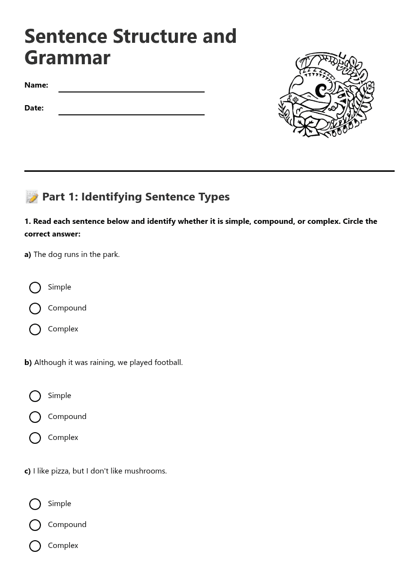 Sentence Structure and Grammar worksheet preview