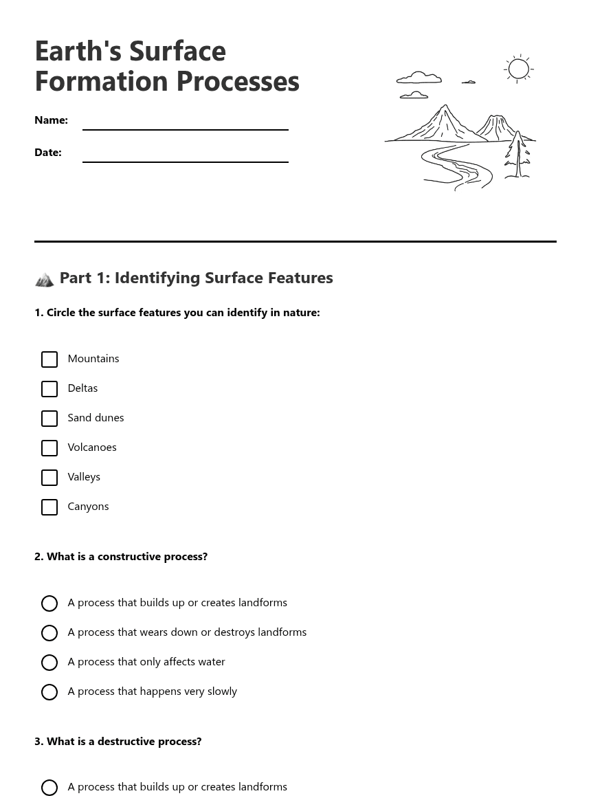 Earth's Surface Formation Processes worksheet preview