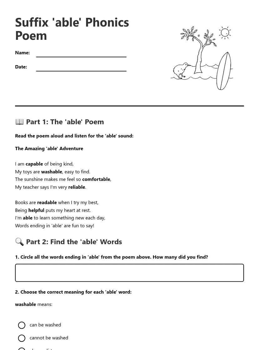 Suffix 'able' Phonics Poem