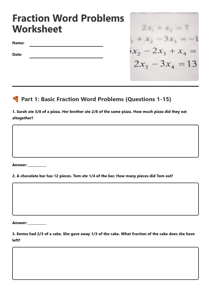 Fraction Word Problems Worksheet