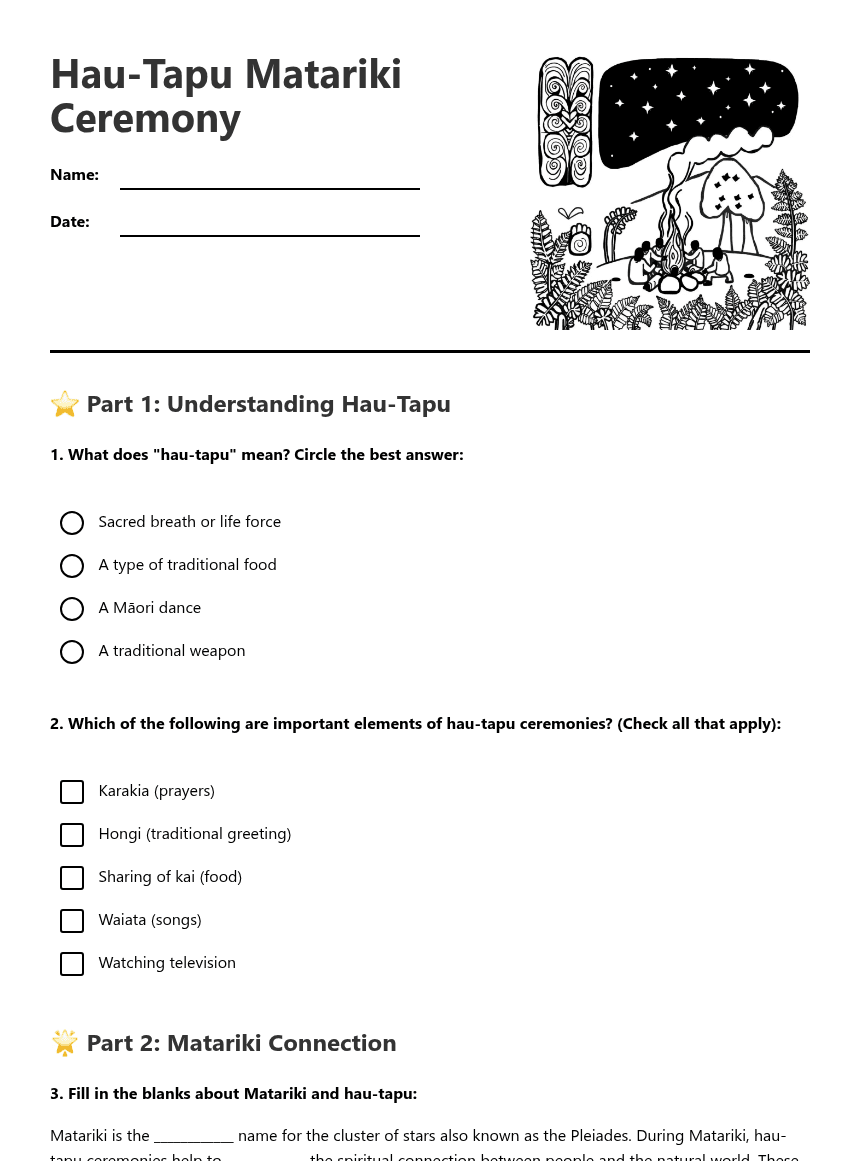 Hau-Tapu Matariki Ceremony worksheet preview
