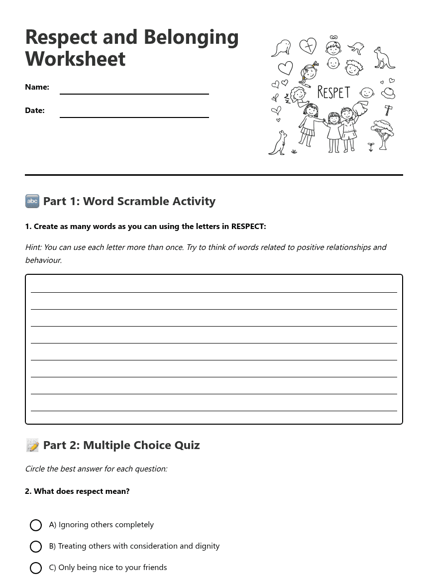 Respect and Belonging Worksheet worksheet preview
