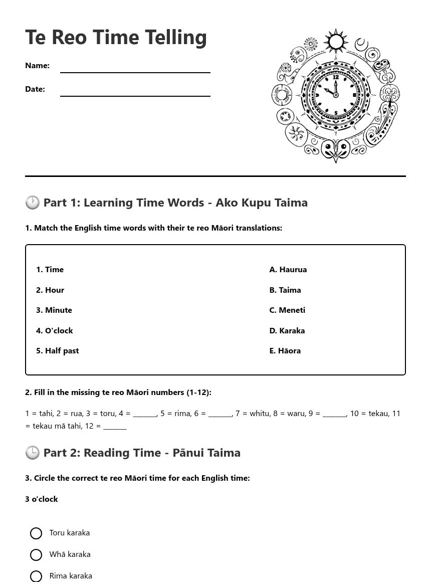 Te Reo Time Telling worksheet preview