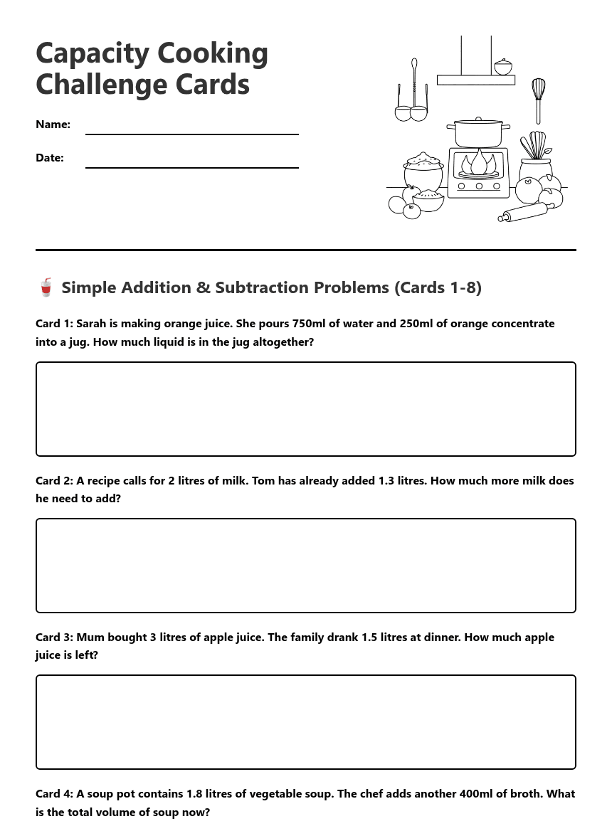 Capacity Cooking Challenge Cards worksheet preview