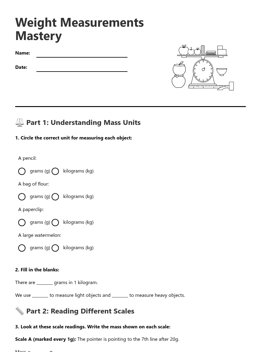 Weight Measurements Mastery worksheet preview