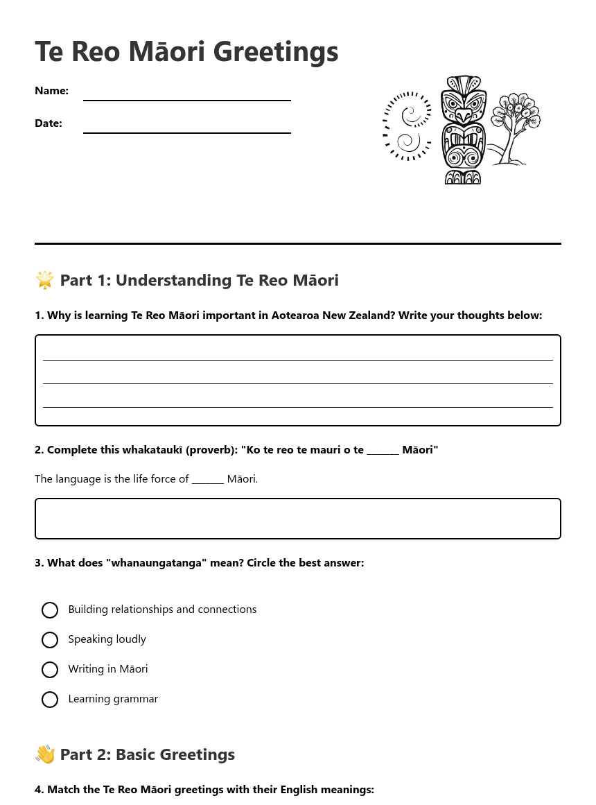 Te Reo Māori Greetings worksheet preview