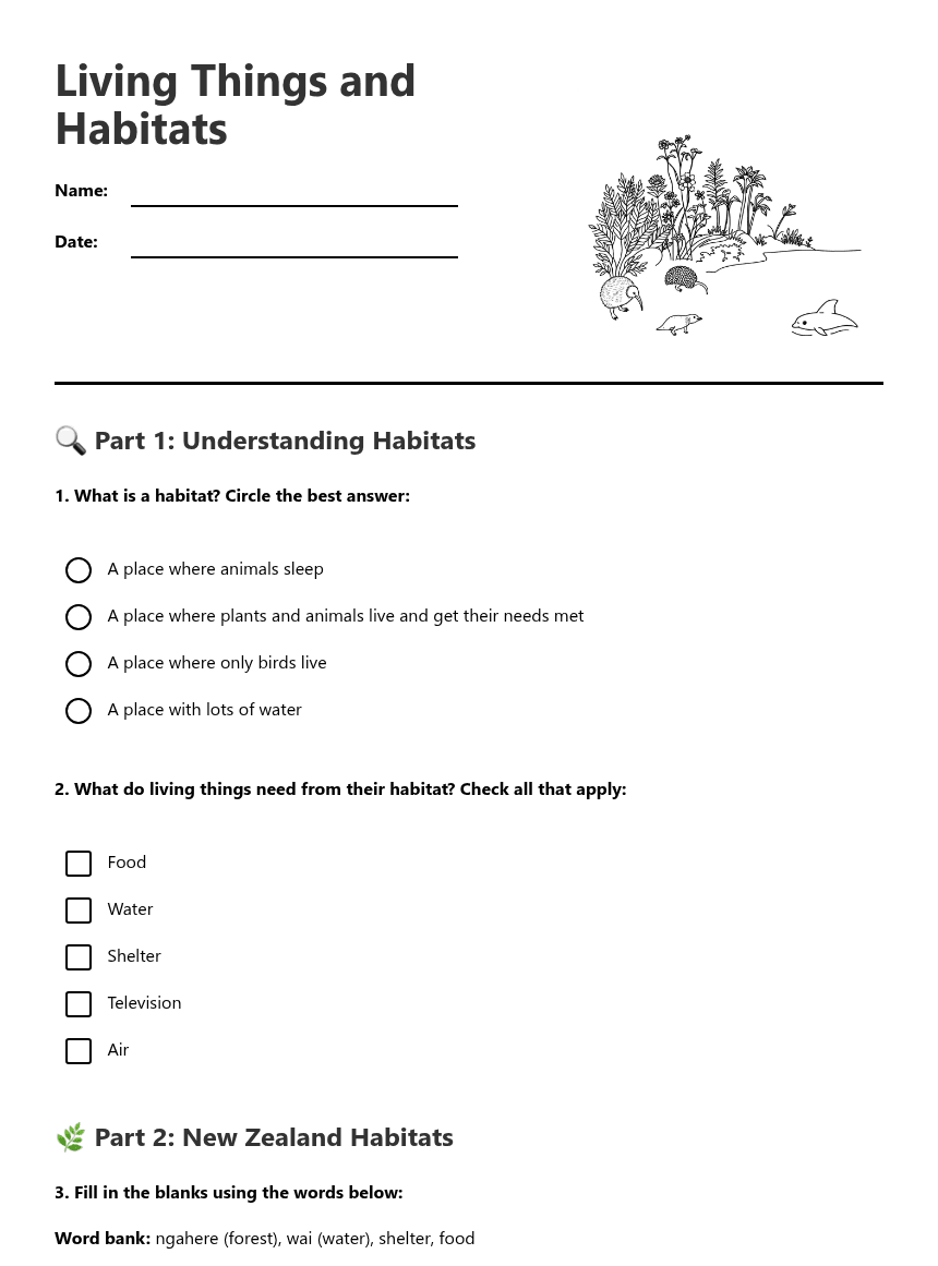 Living Things and Habitats worksheet preview