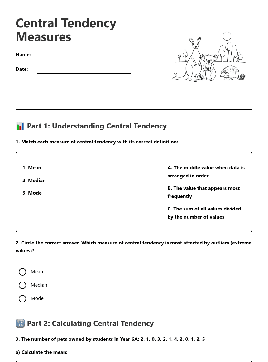 Central Tendency Measures worksheet preview