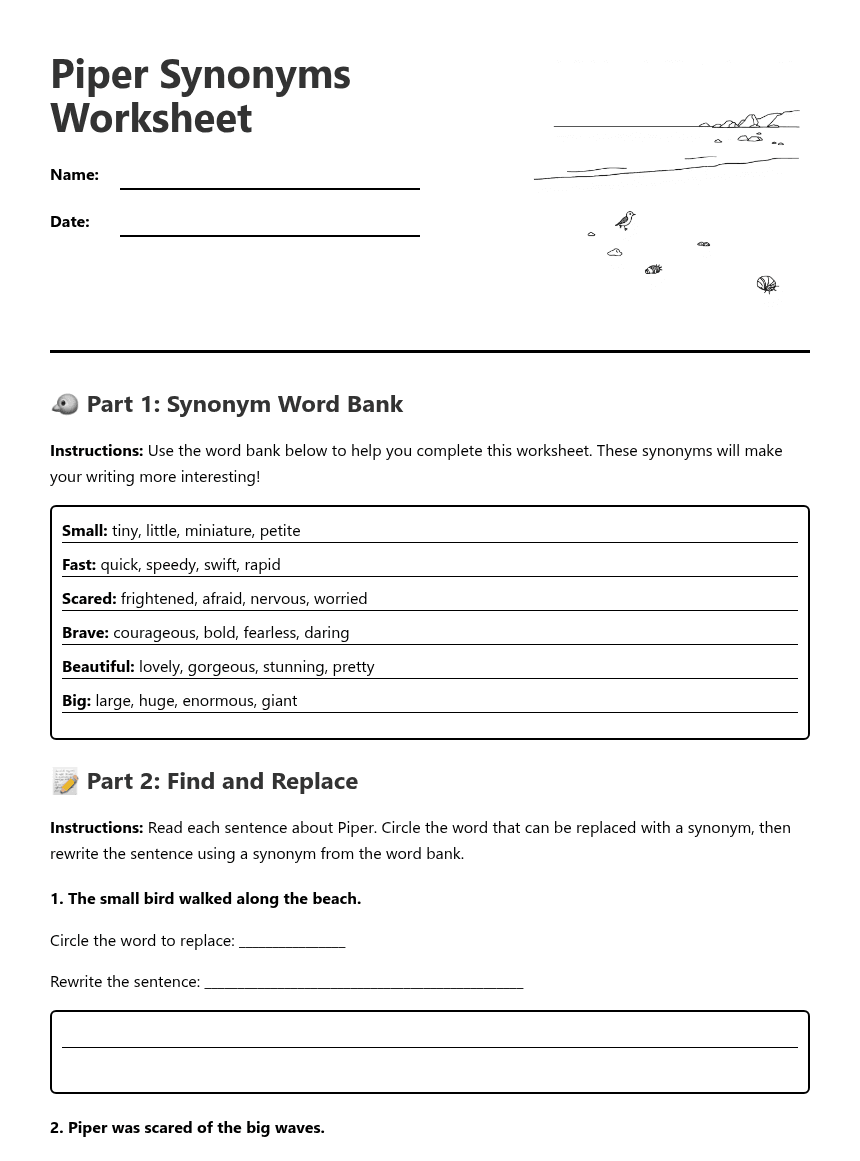 Piper Synonyms Worksheet worksheet preview