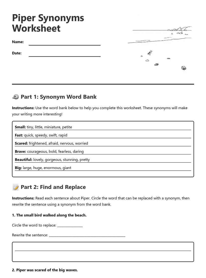 Piper Synonyms Worksheet