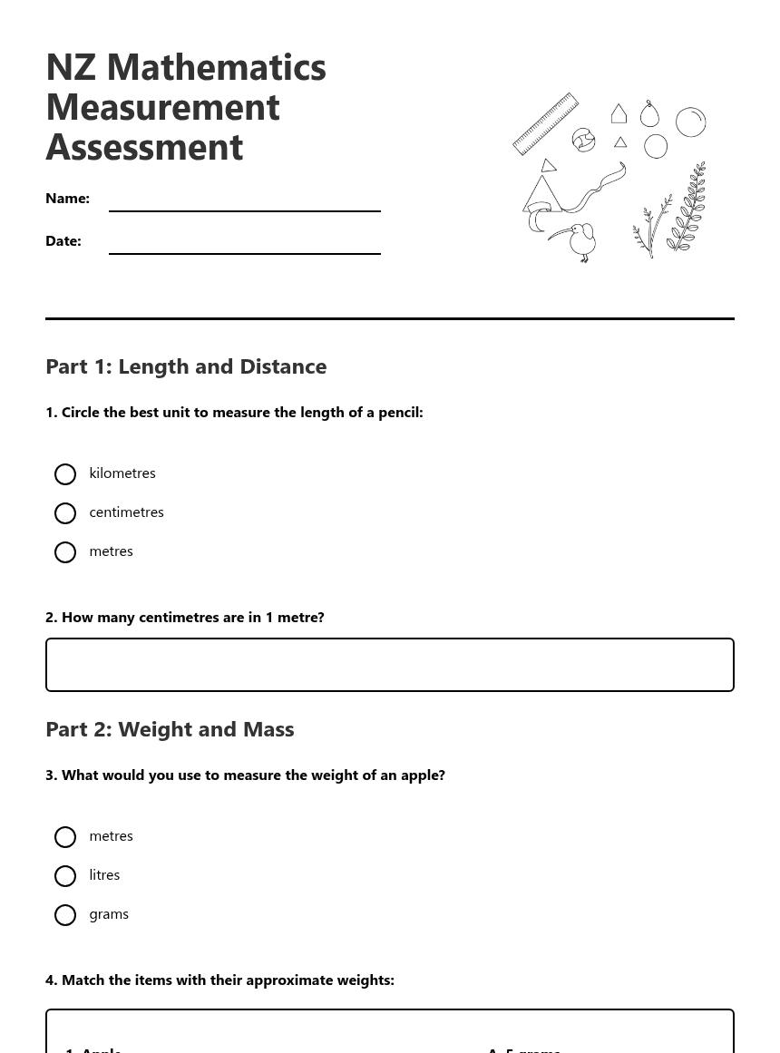 NZ Math Measurement Assessment worksheet preview