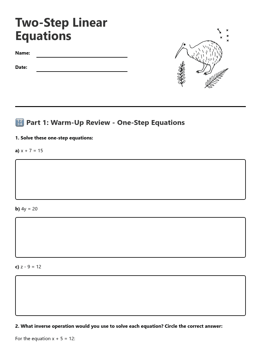 Two-Step Linear Equations worksheet preview