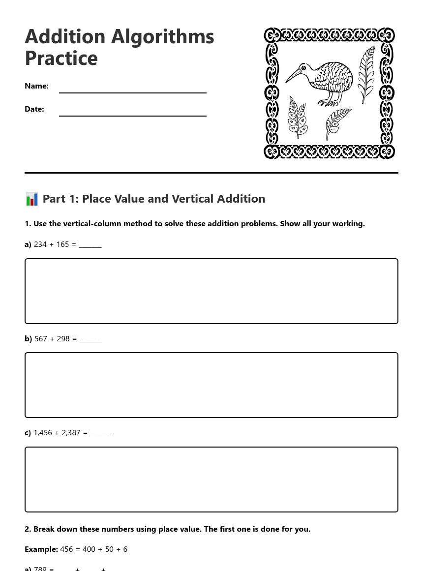 Addition Algorithms Practice worksheet preview