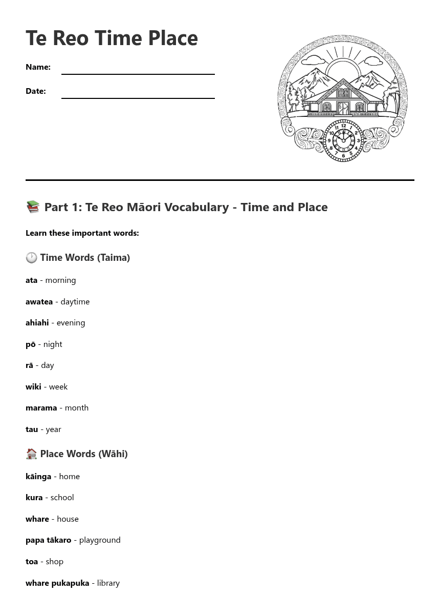 Te Reo Time Place worksheet preview