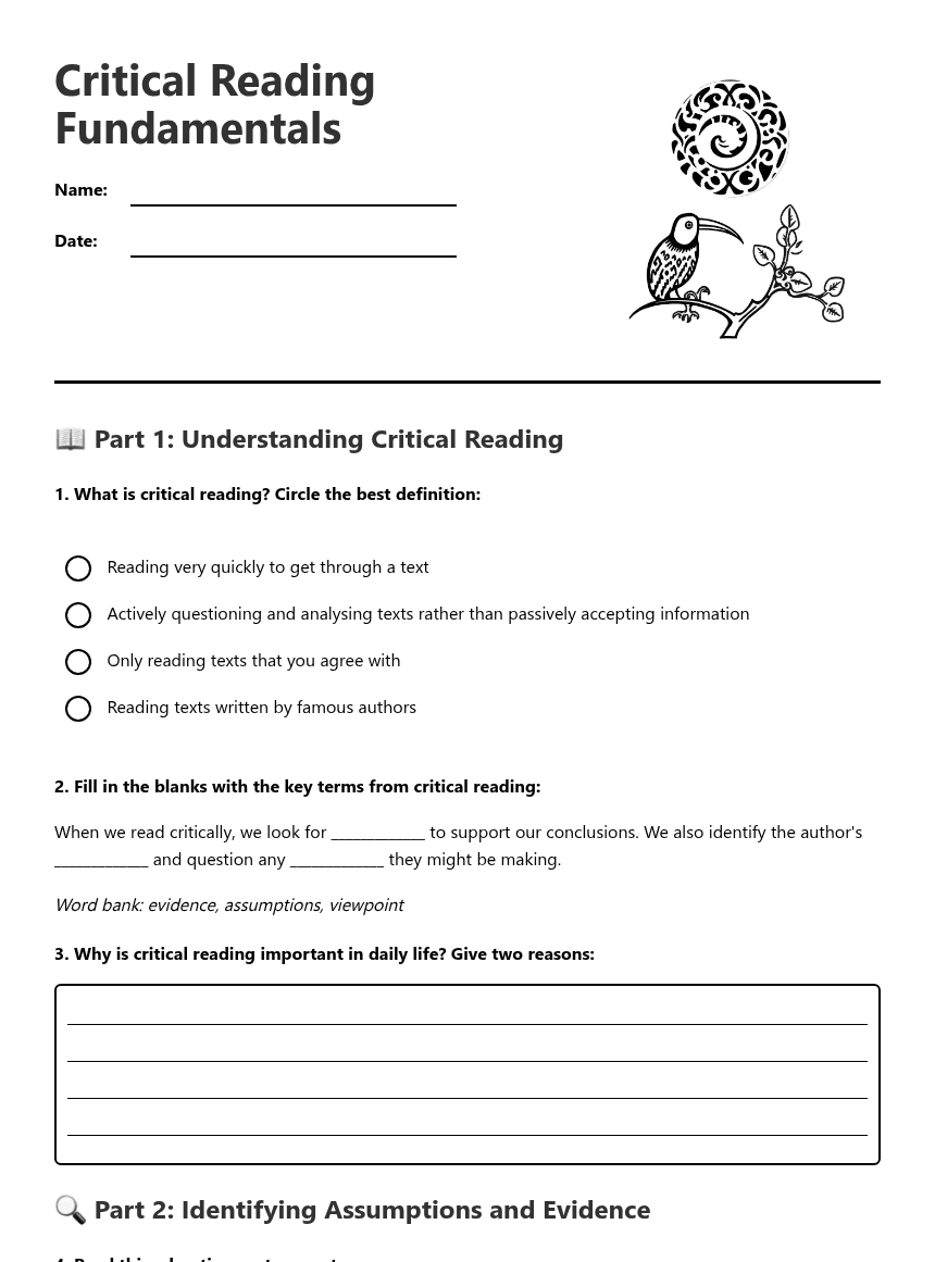 Critical Reading Fundamentals worksheet preview