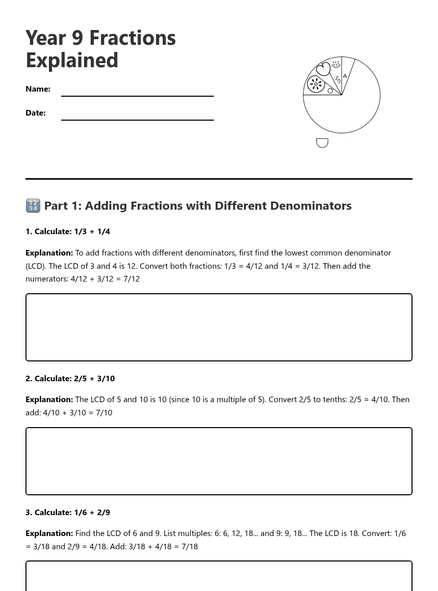 Year 9 Fractions Explained worksheet preview