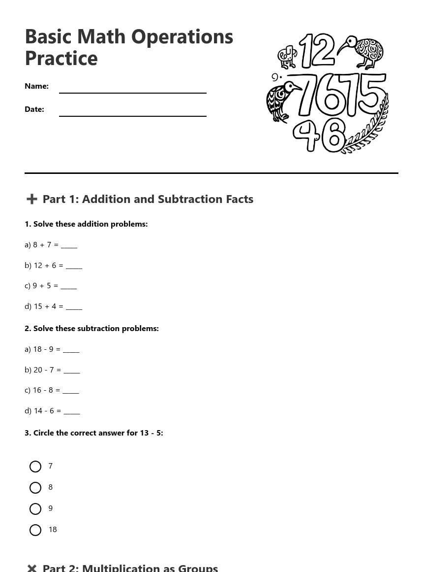 Basic Math Operations Practice worksheet preview