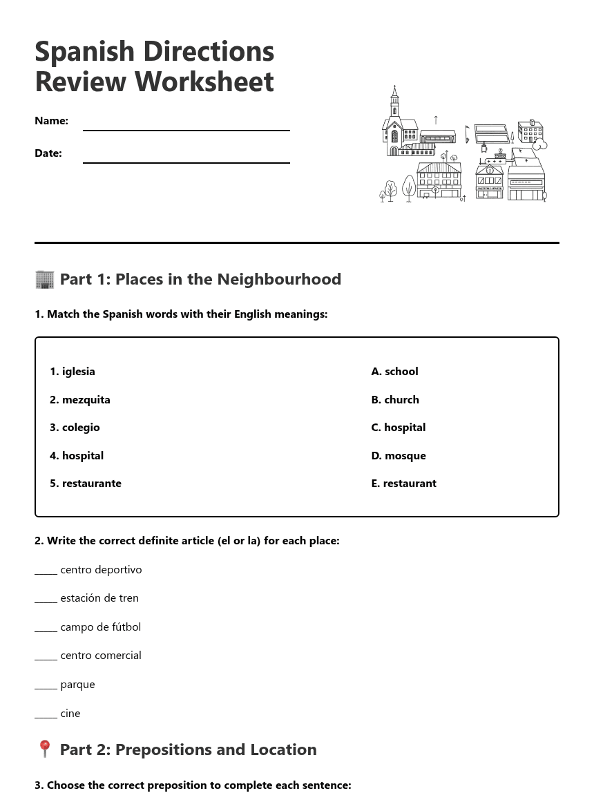 Spanish Directions Review Worksheet worksheet preview