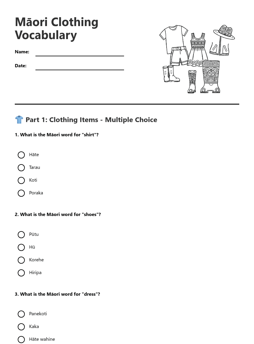 Māori Clothing Vocabulary worksheet preview