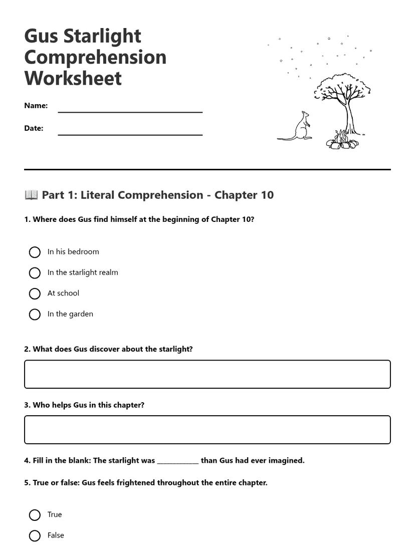 Gus Starlight Comprehension Worksheet