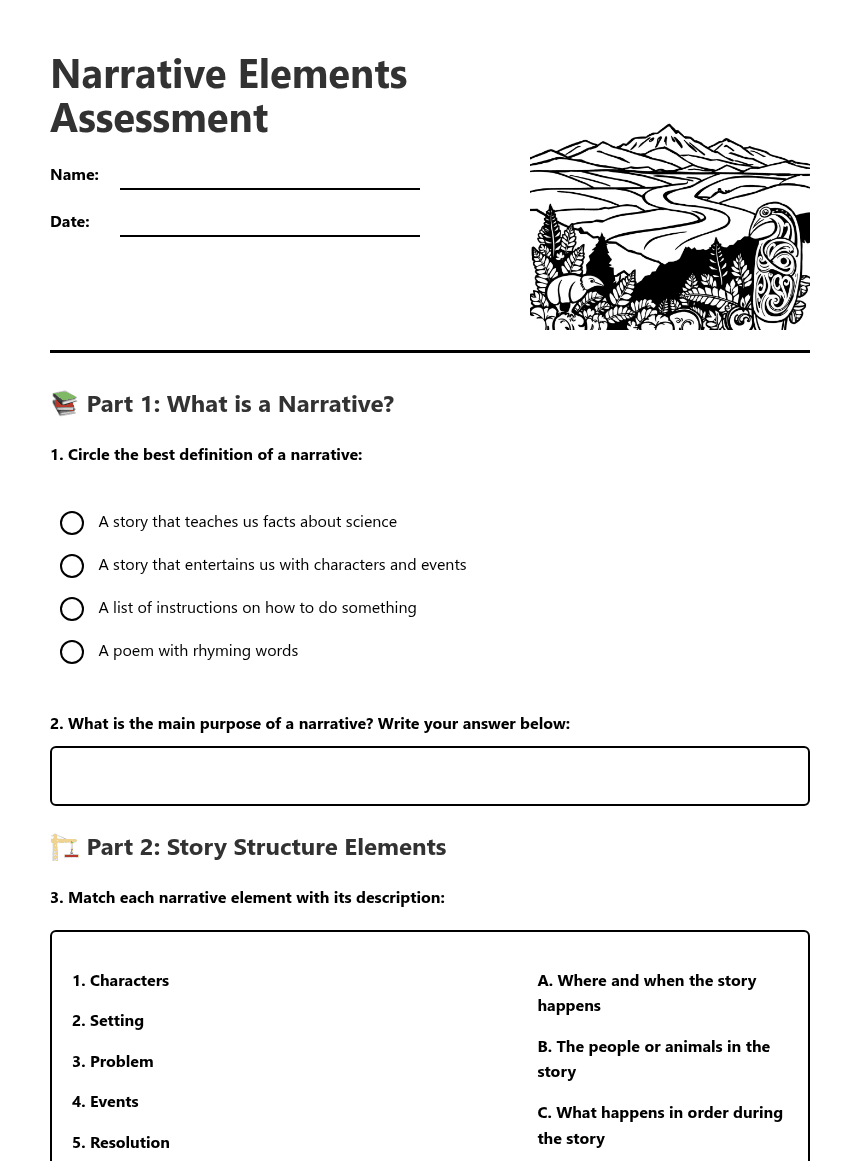 Narrative Elements Assessment worksheet preview