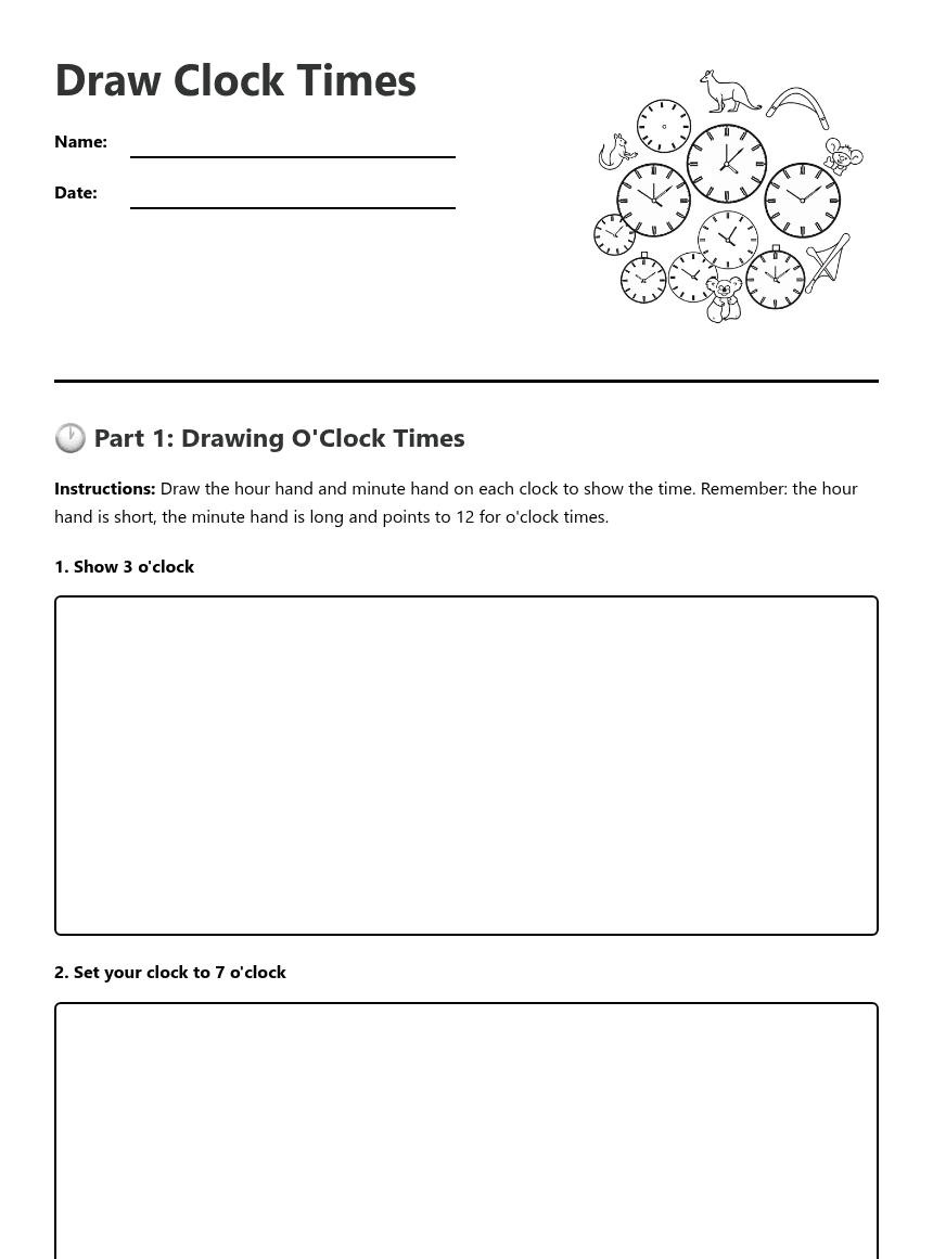Draw Clock Times worksheet preview
