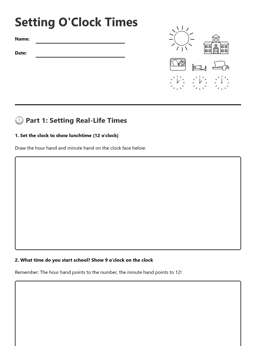 Setting O'Clock Times worksheet preview