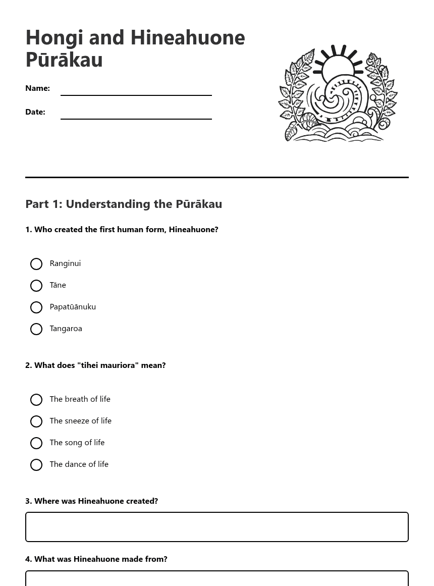 Hongi and Hineahuone Pūrākau worksheet preview