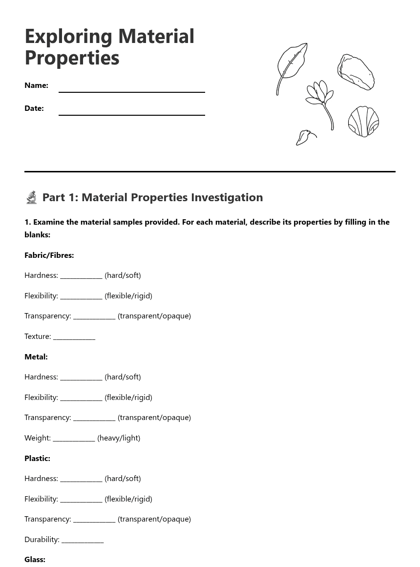 Exploring Material Properties worksheet preview