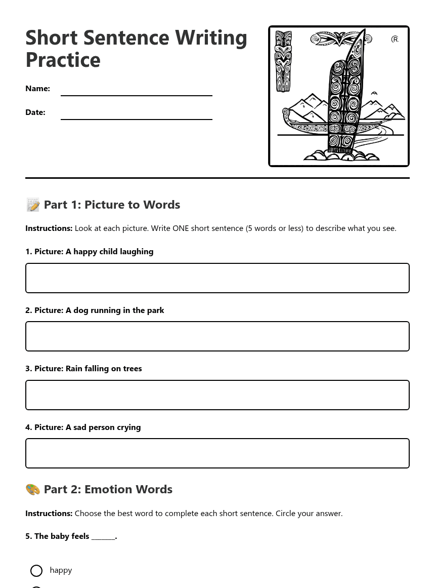 Short Sentence Writing Practice worksheet preview