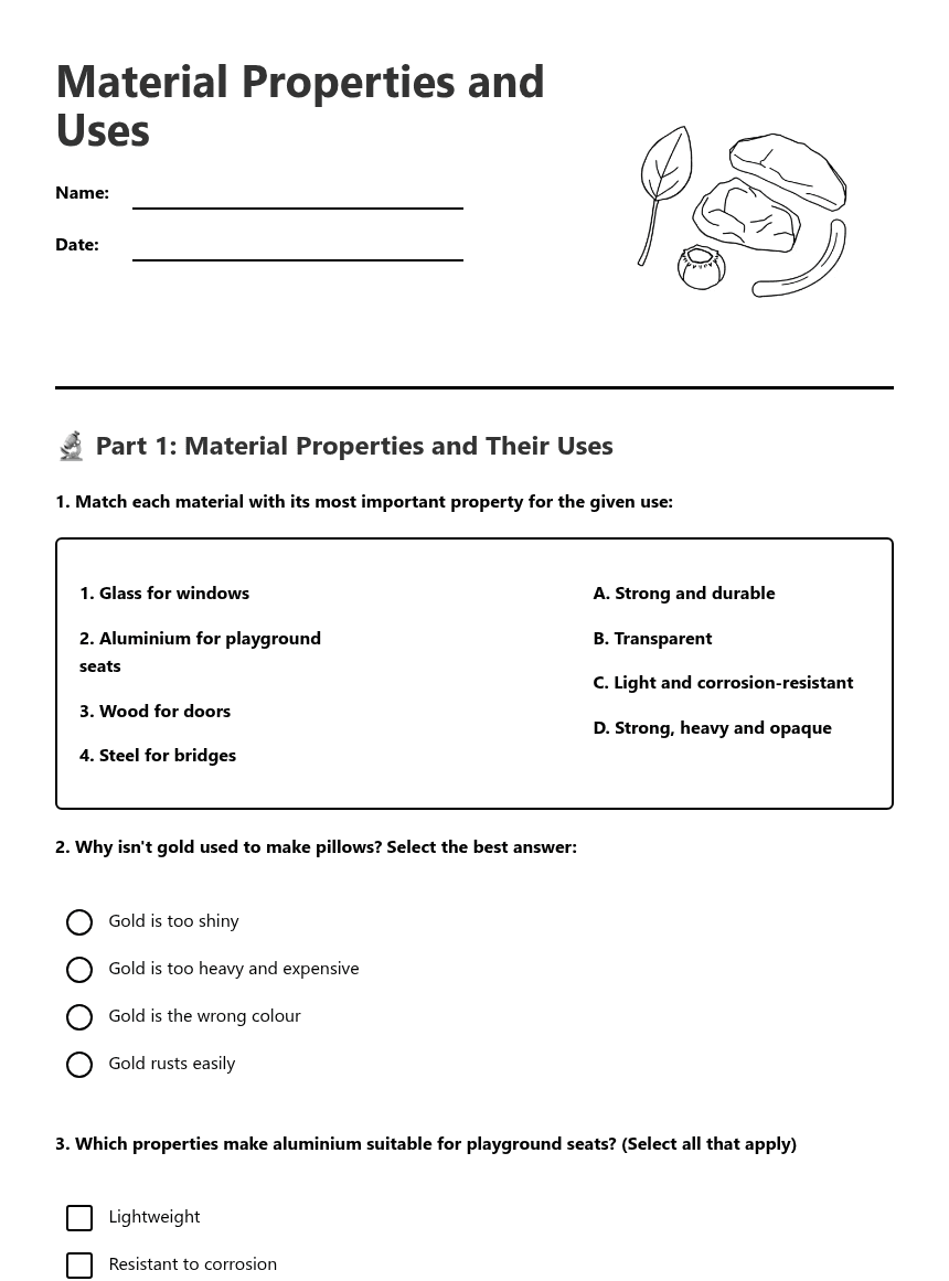 Material Properties and Uses worksheet preview