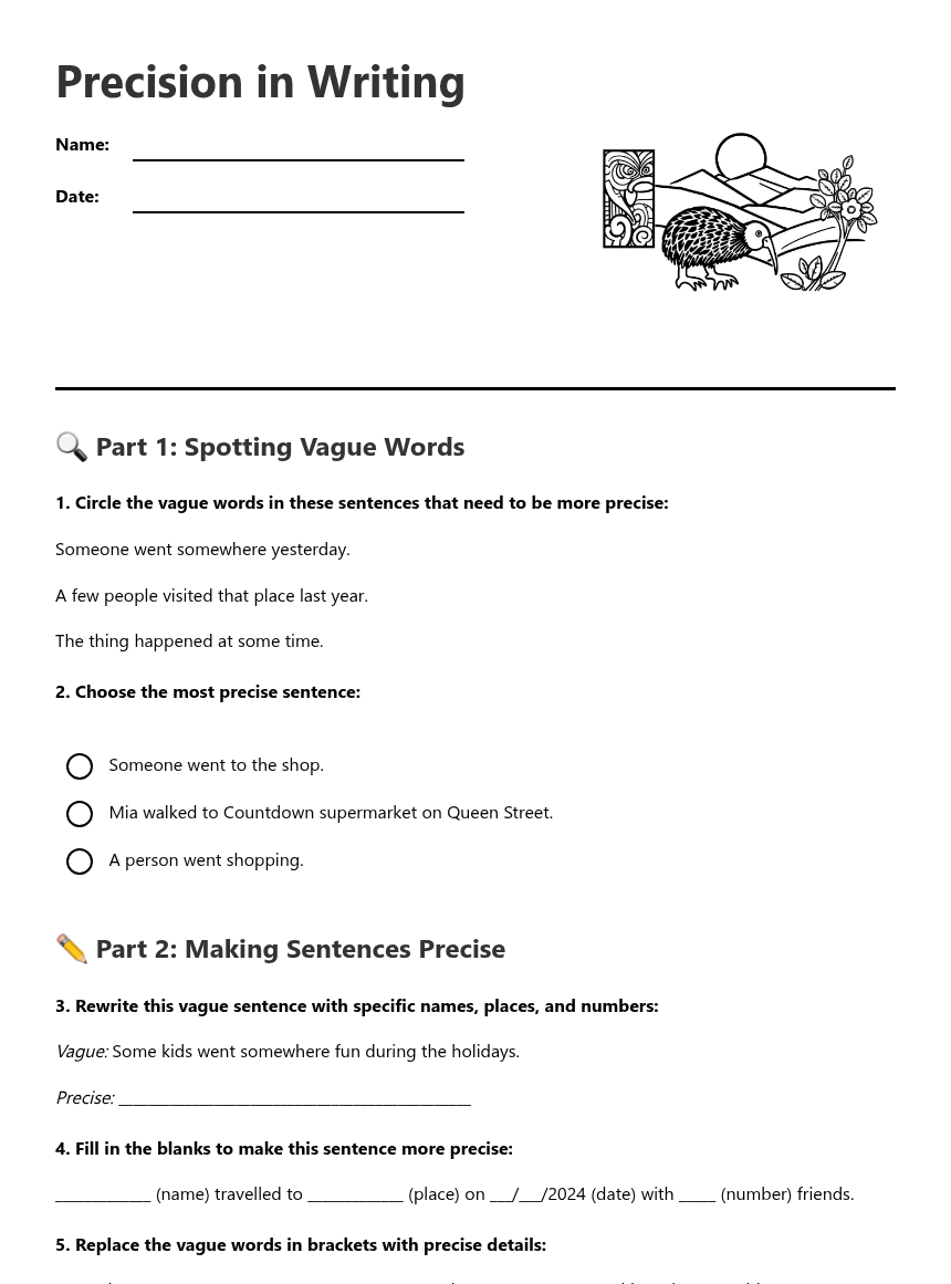 Precision in Writing worksheet preview