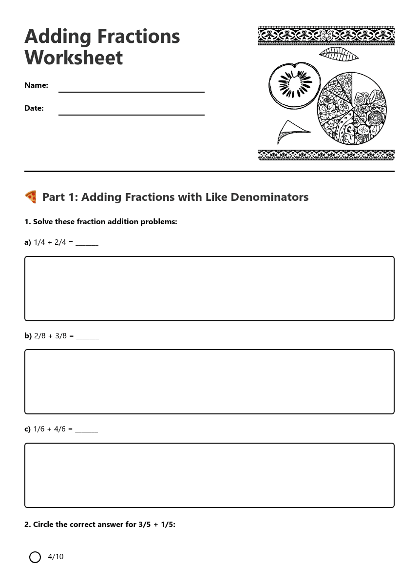 Adding Fractions Worksheet worksheet preview