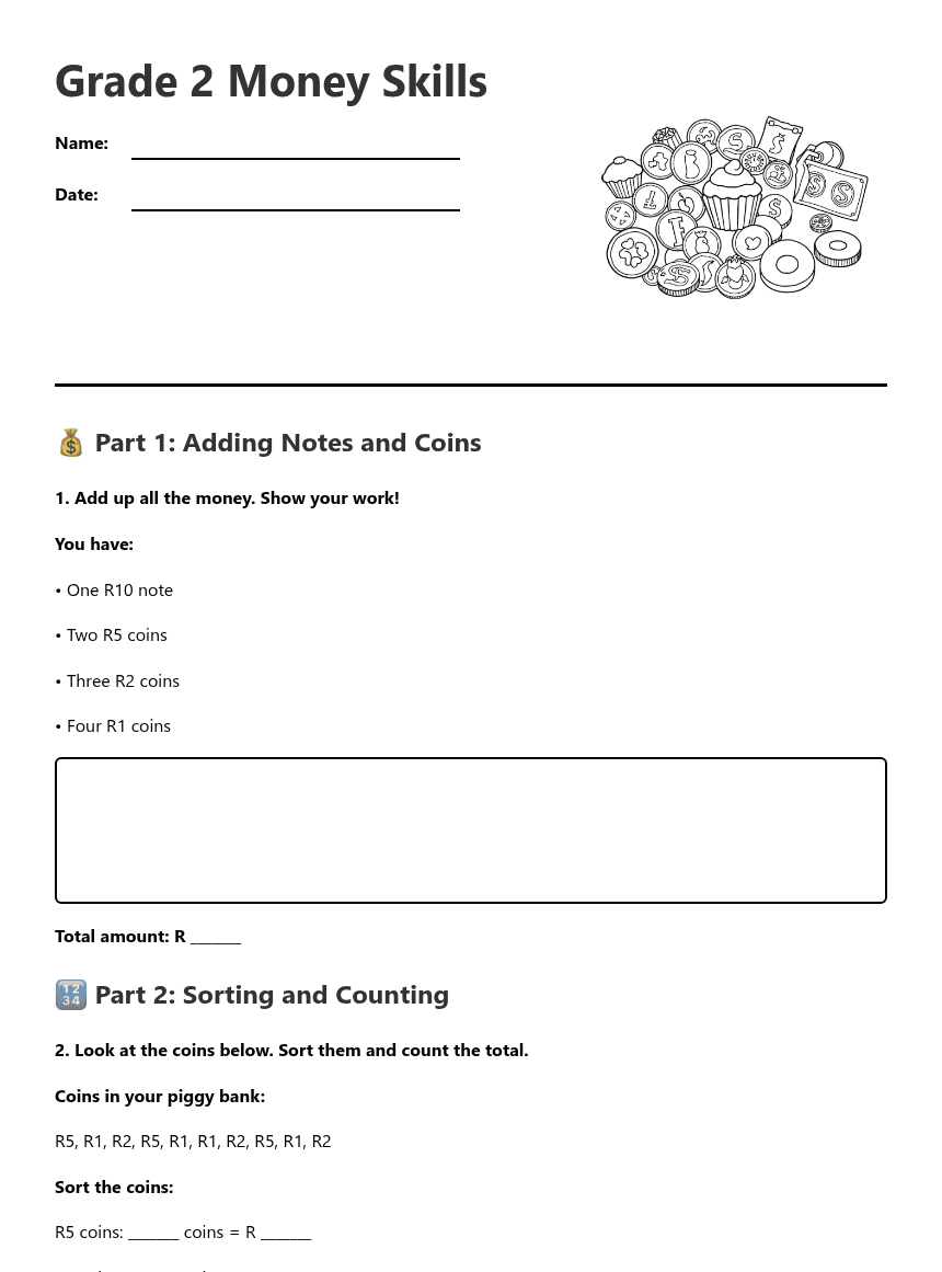Grade 2 Money Skills worksheet preview